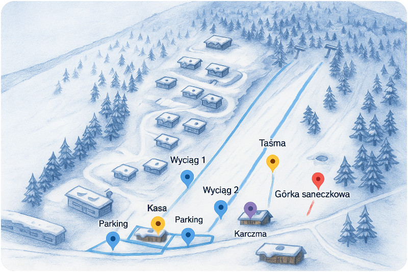 Mapa stoku Karpatka — wyciągi, taśma, górka saneczkowa, kasa, parkingi i bar