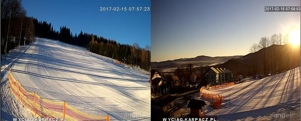 Widok z kamer na żywo na stoku Karpatka — przygotowana trasa o poranku